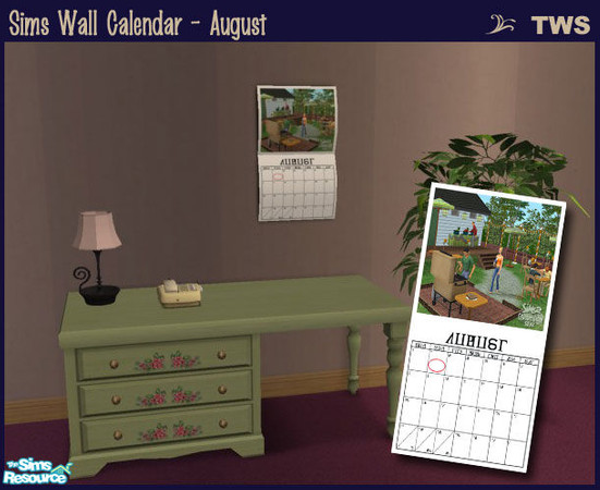 Sims 2 — Wall Calendar - August by wildstar24 — Folding wall calendar for August. Picture features Sims enjoying a