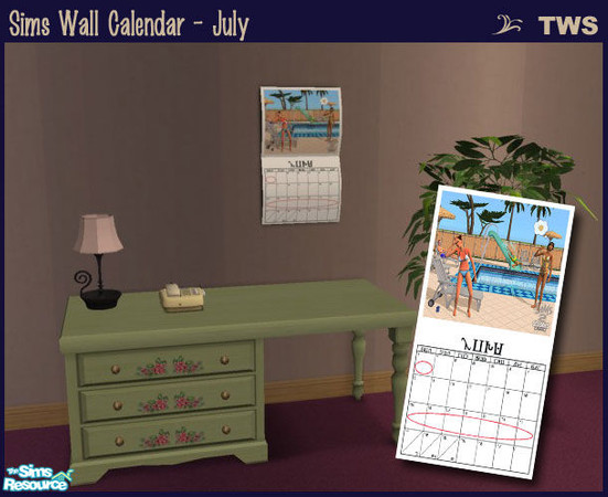 Sims 2 — Wall Calendar - July by wildstar24 — Folding wall calendar for July. Picture features Sims in the hot summer