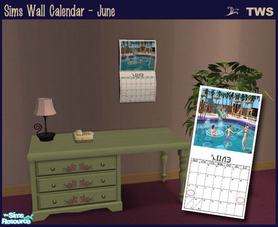 Sims 2 — Wall Calendar - June by wildstar24 — Folding wall calendar for June. Picture features Sims enjoying a pool