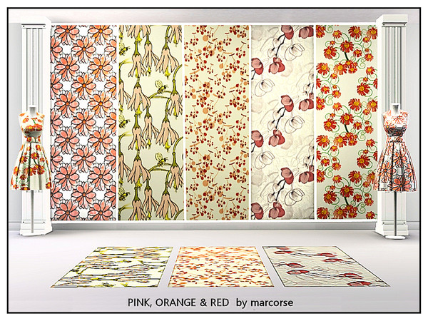 Sims 3 — Pink, Orange and Red_marcorse by marcorse — Five selected floral Fabric patterns in tones of pink, orange and/or