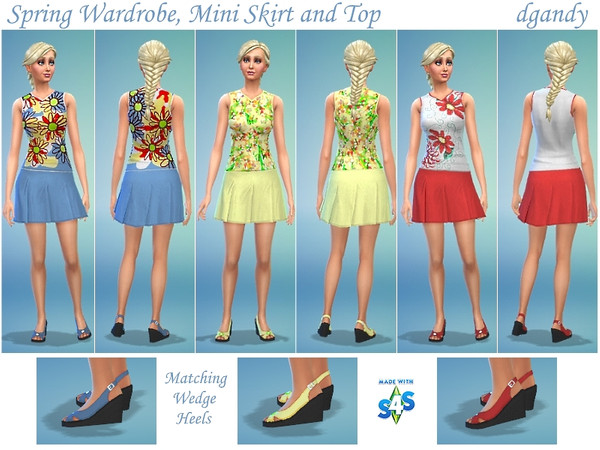 Sims 4 — Spring Wardrobe - Mini Skirt, Top and Wedge Heels by Dgandy — Time for a new wardrobe! There are 3 styles of my