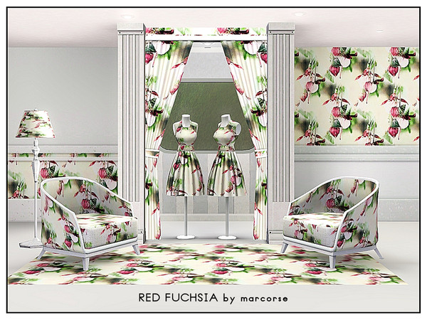 Sims 3 — Red Fuchsia_marcorse by marcorse — Fabric pattern red pendant fuchsia flowers and green foliage.