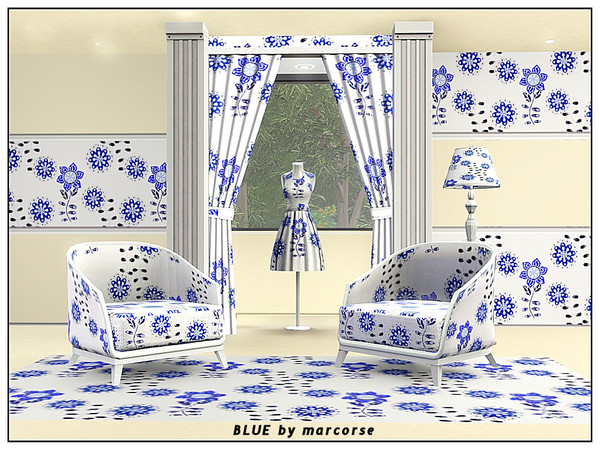 Sims 3 — Blue_marcorse by marcorse — Fabric pattern - blue stencilled floral on white