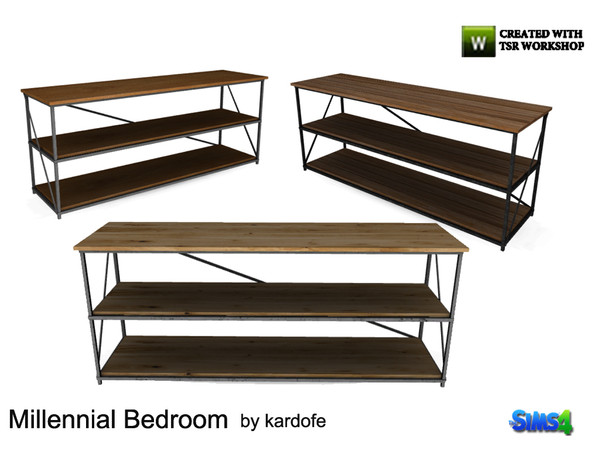 Sims 4 — kardofe_Millennial Bedroom_Console by kardofe — Console with three wooden shelves with metal slats in three