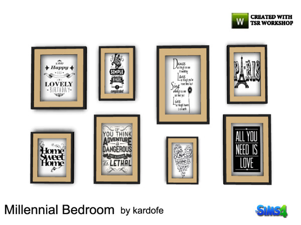Sims 4 — kardofe_Millennial Bedroom_Pictures by kardofe — Group of eight framed sheets, in black and white, with positive