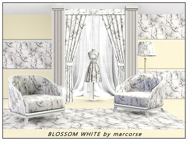 Sims 3 — Blossom White_marcorse by marcorse — Fabric pattern: white blossom branches in silhouette, in shades of grey