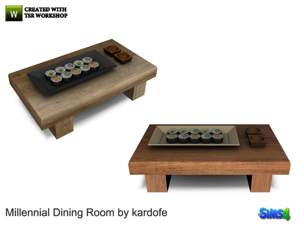 Sims 4 — kardofe_Millennial Dining Room_Sushi Table by kardofe — Wooden table to serve sushi, in two color options 