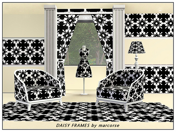 Sims 3 — Daisy Frames_marcorse by marcorse — fabric pattern: black and white design of stylised daisies in square frames