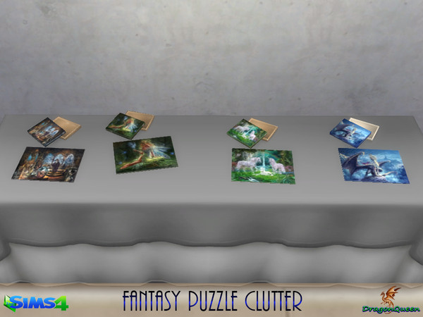 Sims 4 — Fantasy Puzzle Clutter by DragonQueen — A set of four completed fantasy puzzles provide a bit of hobbyist's