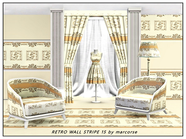 Sims 3 — Retro Wall Stripe 15_marcorse by marcorse — Fabric pattern: stylised water lilies an horizontal retro wallpaper