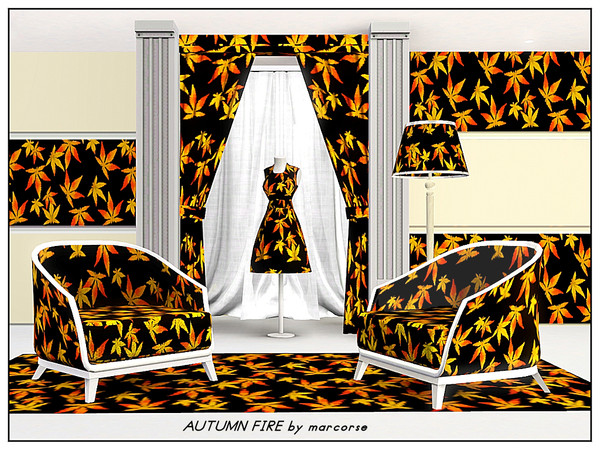 Sims 3 — Autumn Fire_marcorse by marcorse — Fabric pattern: Yellow Autumn leaves turning red, on a black ground;