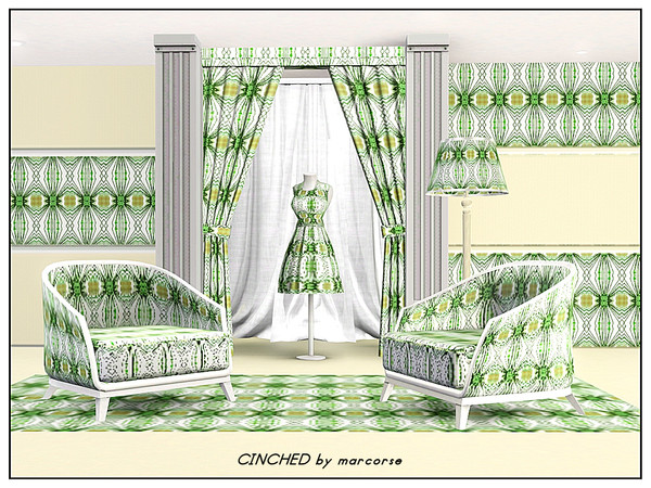 Sims 3 — Cinched_marcorse by marcorse — Abstract pattern: 'cinched' lantern shapes in green and brown on white