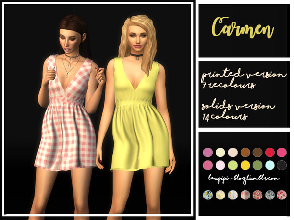 Sims 4 — Carmen  by laupipi2 — Set of two different option dresses (Solids and Patterns) 