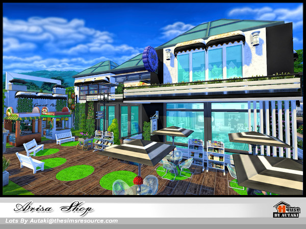 Sims 4 — Arisa Shop by autaki — Arisa Shop. A modern retail for your sims. It has Shop, food ,drink, living and toilets.