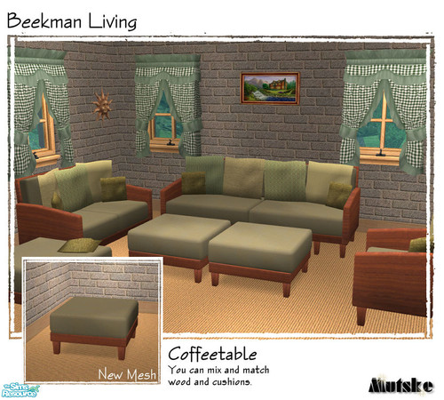 Sims 2 — Beekman Living - Coffeetable by Mutske — New mesh. You can mix and match wood and cushions. Hocker uses the