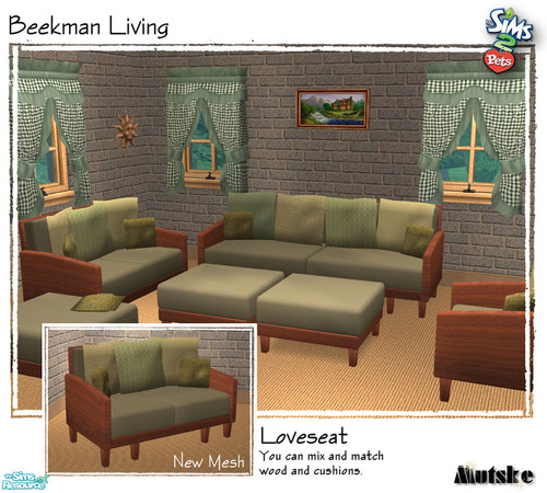 Sims 2 — Beekman Living - Loveseat by Mutske — New mesh. You can mix and match wood and cushions. Hocker uses the texture