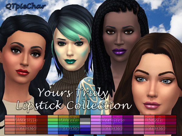 Sims 4 — Yours Truly Lipstick Collection by QTpieChar — Semi-gloss lipstick in 96 bold colors plus a matching lip texture