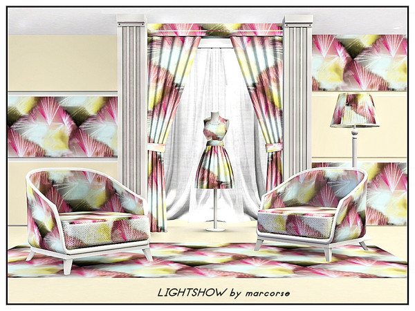 Sims 3 — Lightshow_marcorse by marcorse — Fabric pattern: abstract design in pink, yellow and white on black