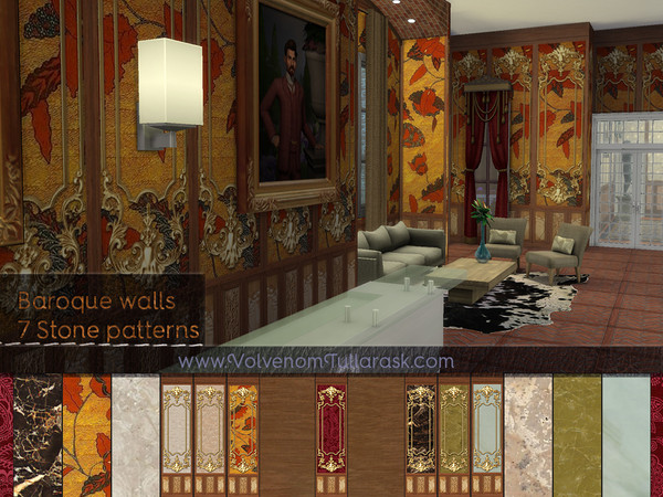Sims 4 — Wentworth Golden Walls part 1 by Volvenom — These are 7 luxurious walls with gold decoration on the same wood
