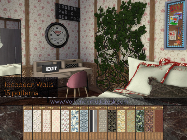 Sims 4 — Wentworth Light Wood Walls by Volvenom — These are 1 tile light Jacobean style walls in all 3 sizes.