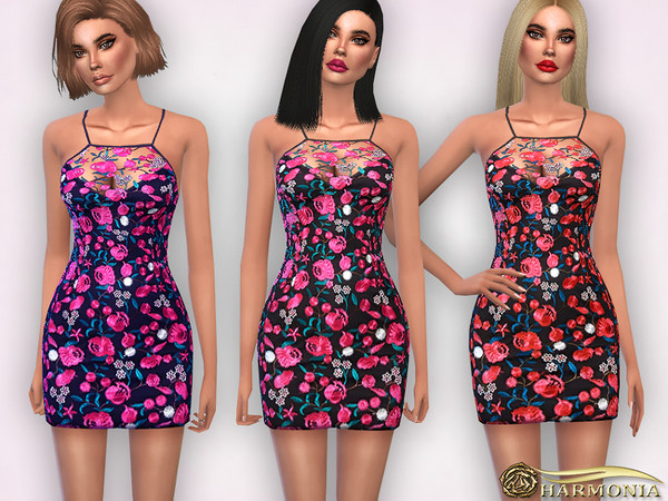 Sims 4 — Floral Embroidered Strappy Bodycon Dress by Harmonia — Mesh By Harmonia 5 color