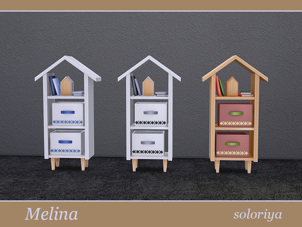 Sims 4 — Melina Living Room Bookcase by soloriya — Small bookcase with decorative items. Part of Melina Living Room set.