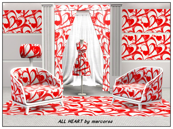 Sims 3 — All Heart_marcorse by marcorse — Themed pattern : heart shapes and elements in bright red on white