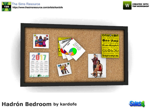 Sims 4 —  by kardofe —  Large cork board with notes and photos fastened with thumbtacks