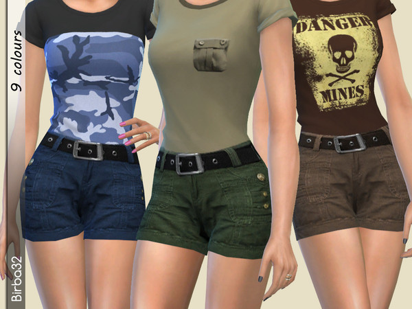 Sims 4 — Military shorts by Birba32 — A bit of military style for this shorts with belt. 9 recolours. Base game.
