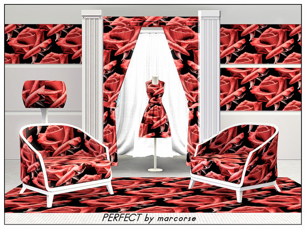 Sims 3 — Perfect_marcorse by marcorse — Fabric pattern : a perfect red rose bud, half open on a black ground.