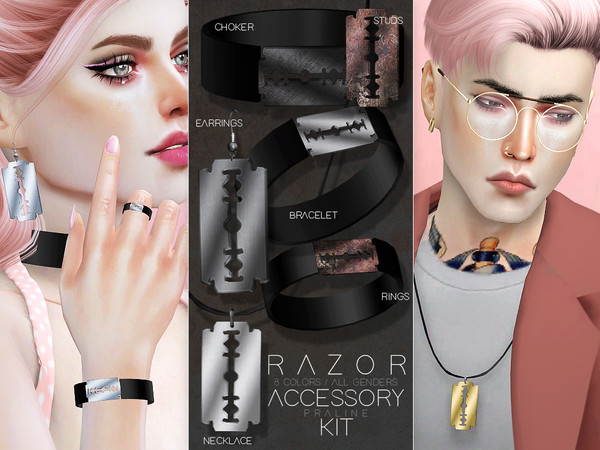 Sims 4 — Razor Accessory Kit by Pralinesims — Necklace, choker, earrings, ear studs, bracelet and rings in 8 colors, all