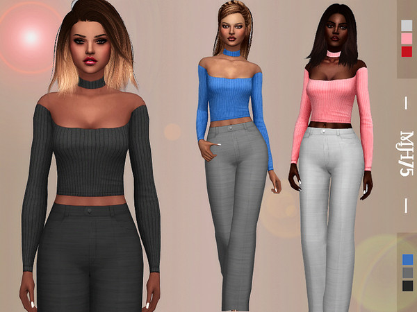 Sims 4 — S4 Saraleen Outfit [Top/Pants] by Margeh-75 — -choker ribbed top with cotton pants -6 versions -cas thumbnail