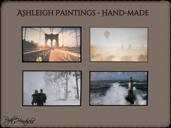 Sims 4 — Ashleigh Paintings - Hand-made by RightHearted — Brooklyn Bridge, Park in a city, Bagan, and a Lighthouse. They