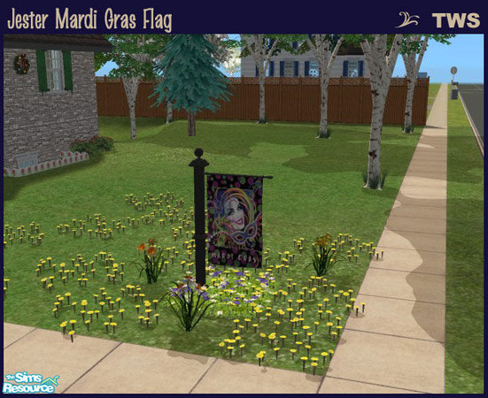 Sims 2 — Jester Mardi Gras Flag by wildstar24 — Features a jester face and ornate mask with decorative background; text