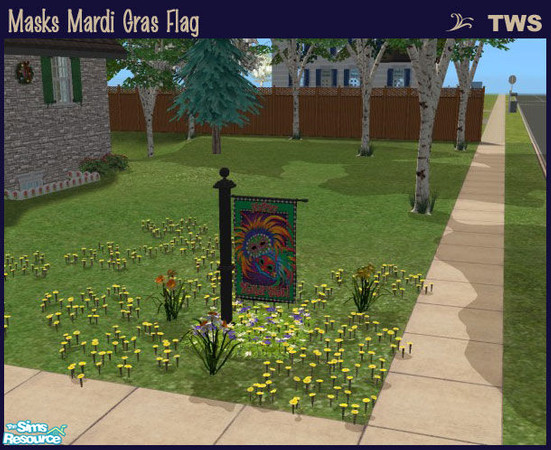 Sims 2 — Masks Mardi Gras Flag by wildstar24 — Features bright and feathery masks with beaded border; text reads 'Happy