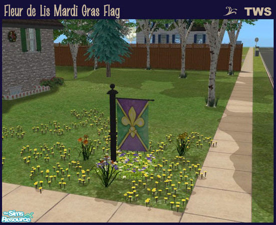 Sims 2 — Fleur de Lis Mardi Gras Flag by wildstar24 — Features a large fleur de lis over a green and purple background.