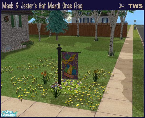 Sims 2 — Mask & Jester's Hat Mardi Gras Flag by wildstar24 — Features beads, mask and jester hat in pastel colours.
