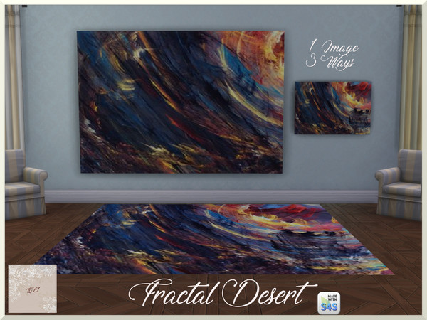 Sims 4 — Fractal Desert by QueenElizabethI — A compilation of a mural, landscape painting, and a rug. The image is an