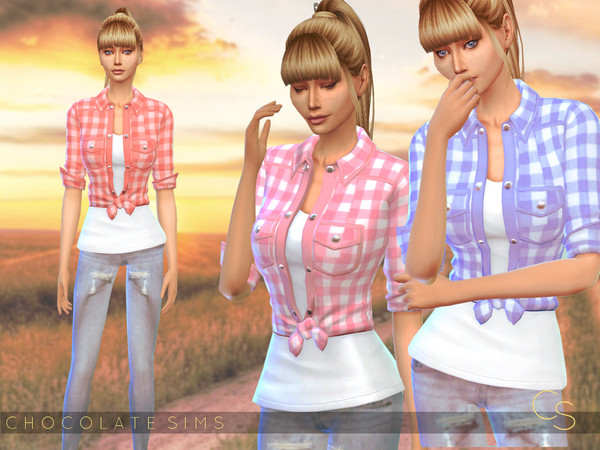 Sims 4 — Knotted Plaid Shirt  by MissSchokoLove — For your life in the countryside! Comes in 5 shades! (pink, red,