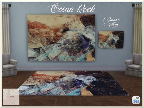 Sims 4 — Ocean Rock by QueenElizabethI — A compilation of a mural, landscape painting, and a rug. The image is an