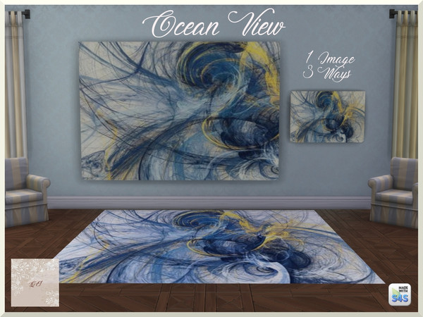 Sims 4 — Ocean View by QueenElizabethI — A compilation of a mural, landscape painting, and a rug. The image is an