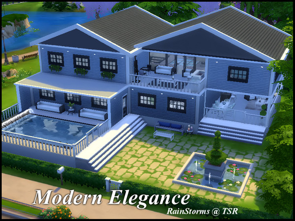 Sims 4 — Modern Elegance by RainStorms — A modern, elegant home with a party room, waterfall pool and pond. It has