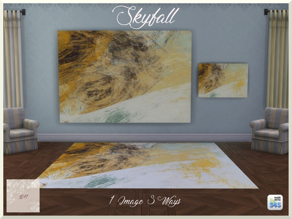 Sims 4 — Skyfall by QueenElizabethI — A compilation of a mural, landscape painting, and a rug. The image is an abstract
