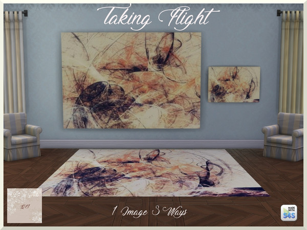 Sims 4 — Taking Flight by QueenElizabethI — A compilation of a mural, landscape painting, and a rug. The image is an