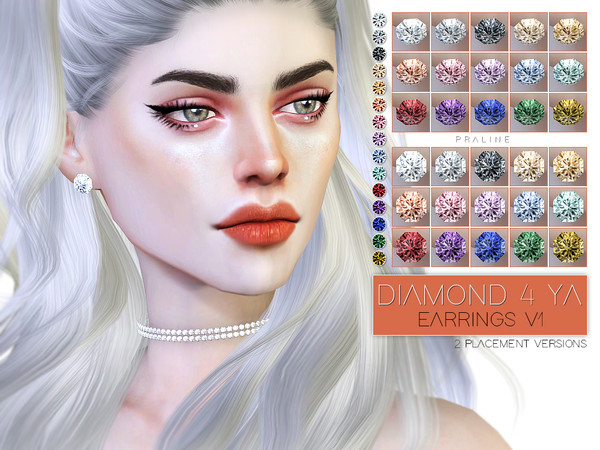 Sims 4 — Diamond 4 Ya Earrings V1 by Pralinesims — Diamond earrings in 15 colors, 2 placement versions.
