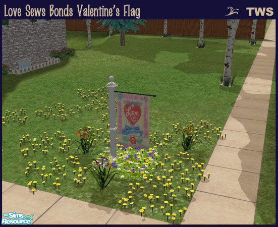 Sims 2 — Love Sews Bonds Valentine\'s Flag by wildstar24 — Features a hand-made quilt motif with large heart and flowers;