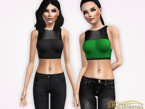 Sims 3 — Leather Accent Crop Top by Harmonia — 4 color recolorable Please do not use my textures. Please do not