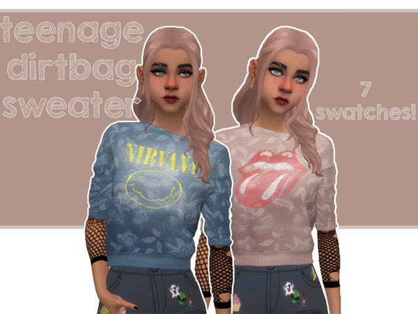Sims 4 — Teenage Dirtbag - Grungy Sweater by llazyneiph — A maxis-match off the shoulder sweater with fishnets and band