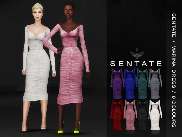Sims 4 — Sentate - Marina Dress by Sentate — A below the knee off the shoulder ruched dress with long sleeves. Comes in 8