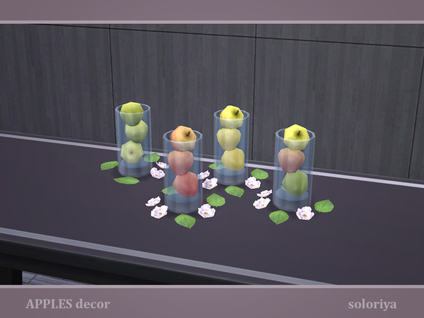 Sims 4 — Apples Decor. Three Apples in a Glass by soloriya — Three apples in a glass with leaves and flowers. Part of